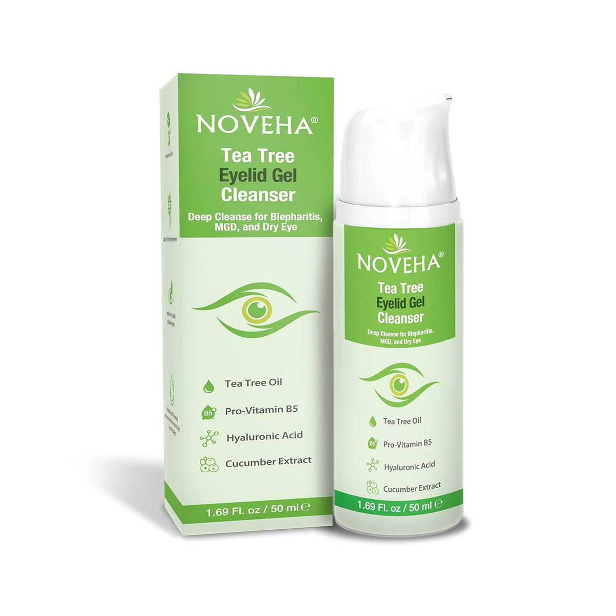 A green and white 50mL bottle of Noveha Tea Tree Eyelid Gel Cleanser is shown with its box, featuring tea tree oil, Pro-Vitamin B5, hyaluronic acid, and cucumber extract for dry eye relief and blepharitis care.