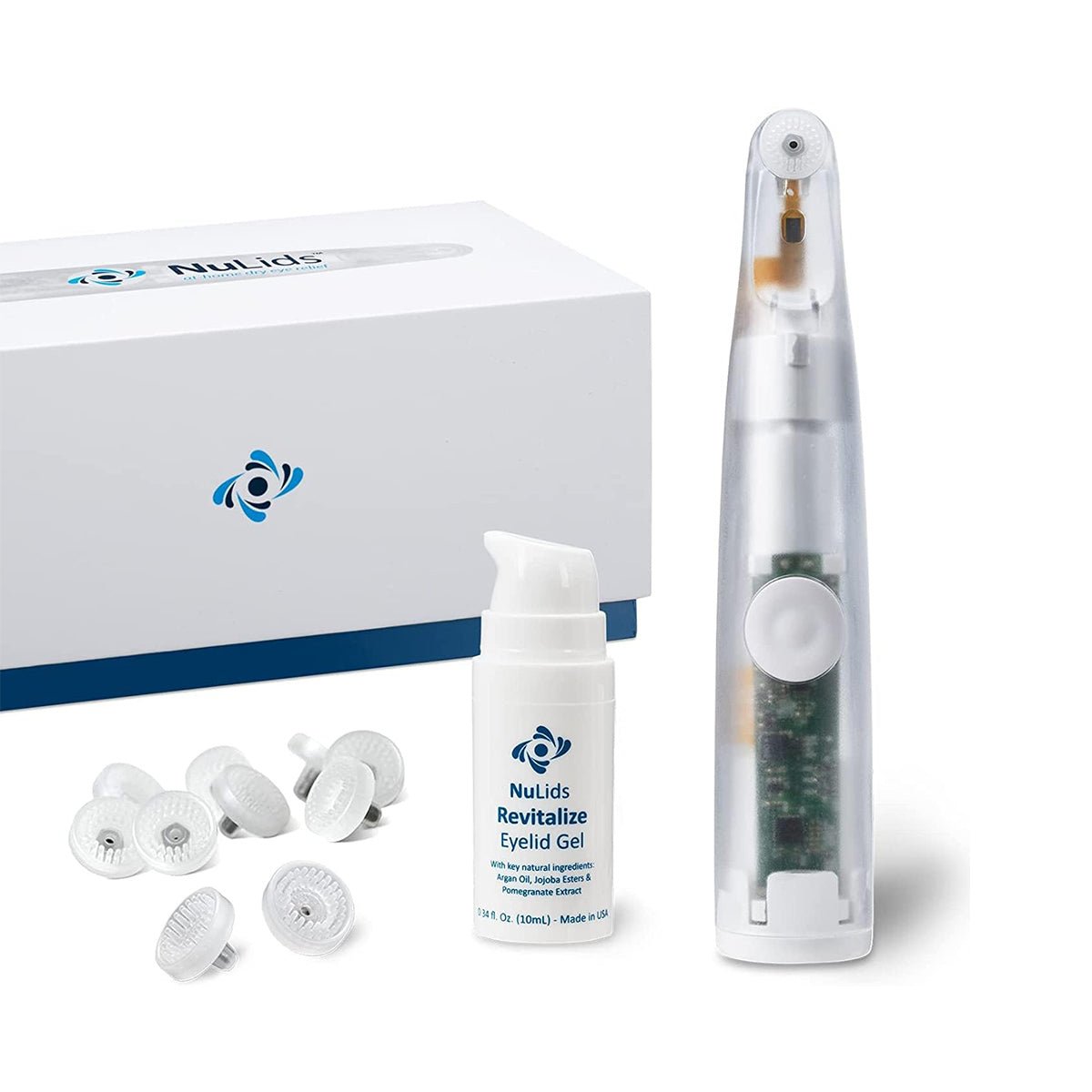 Discover Nusight Medicals NuLids All Natural At-home Eye Treatment, featuring a transparent-cased electronic device, 30 circular tips, and an applicator gel for effective eyelid hygiene and relief from dry eye and Meibomian Gland Dysfunction.