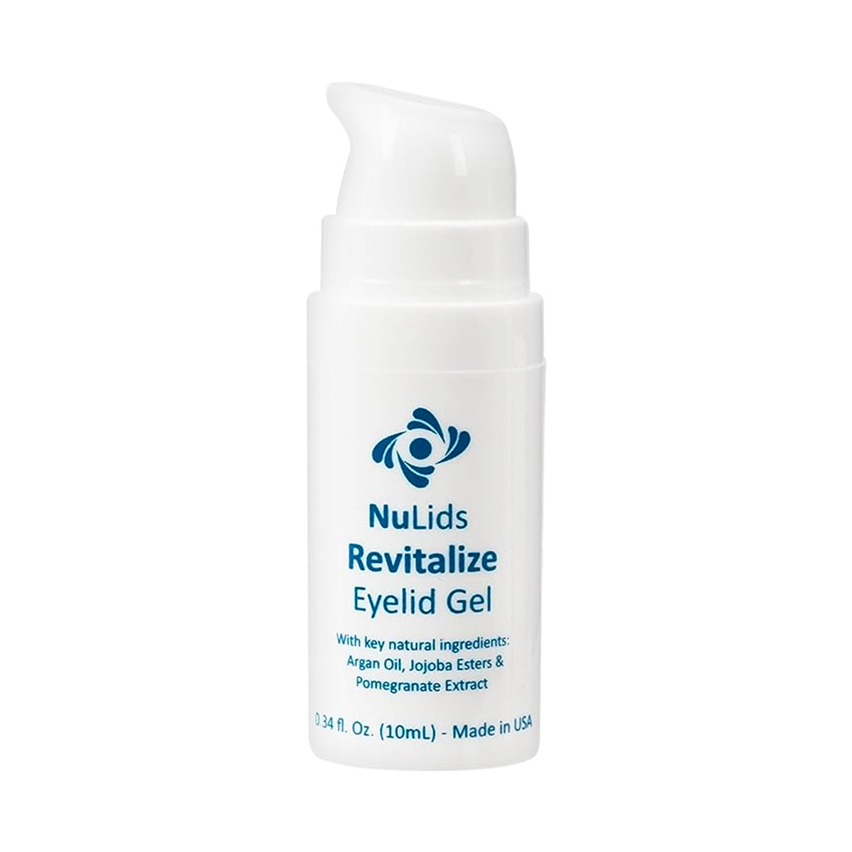 The white pump bottle labeled Nulids Revitalize Eyelid Applicator Gel from NuSight Medical features natural ingredients like Argan Oil, Jojoba Esters, and Pomegranate Extract for anti-inflammatory benefits. This 0.34 fl. oz. (10mL) product is made in the USA and offers a 90-day supply.