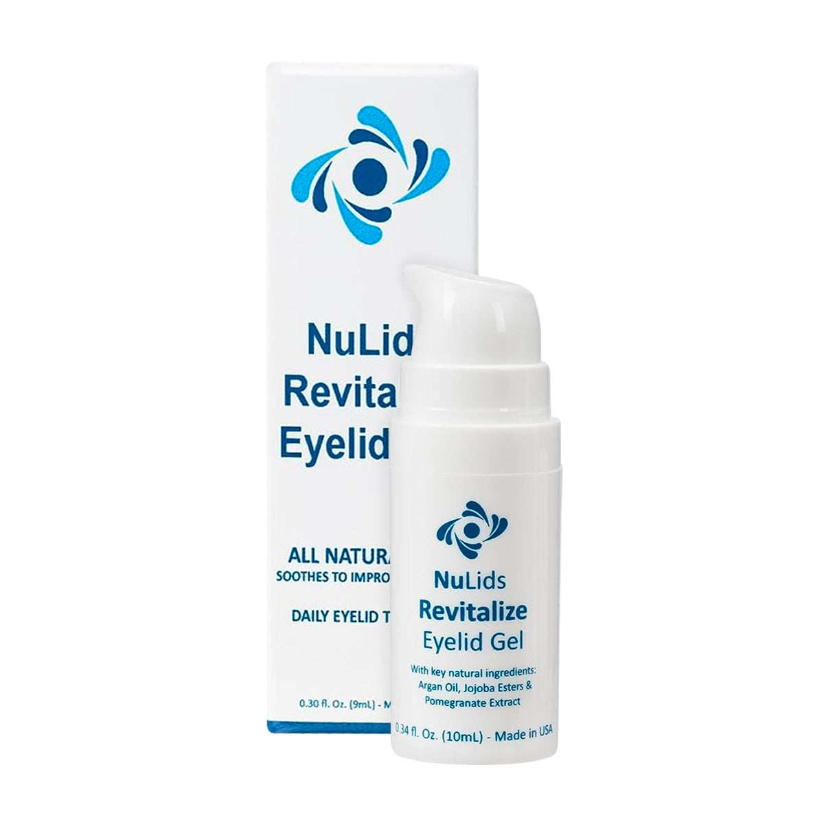 The white bottle of Nulids Revitalize Eyelid Applicator Gel by NuSight Medical, beside its packaging with a blue abstract eye logo, contains 10ml of anti-inflammatory gel made from natural ingredients like Argan Oil and Pomegranate Extract for daily eyelid treatment.