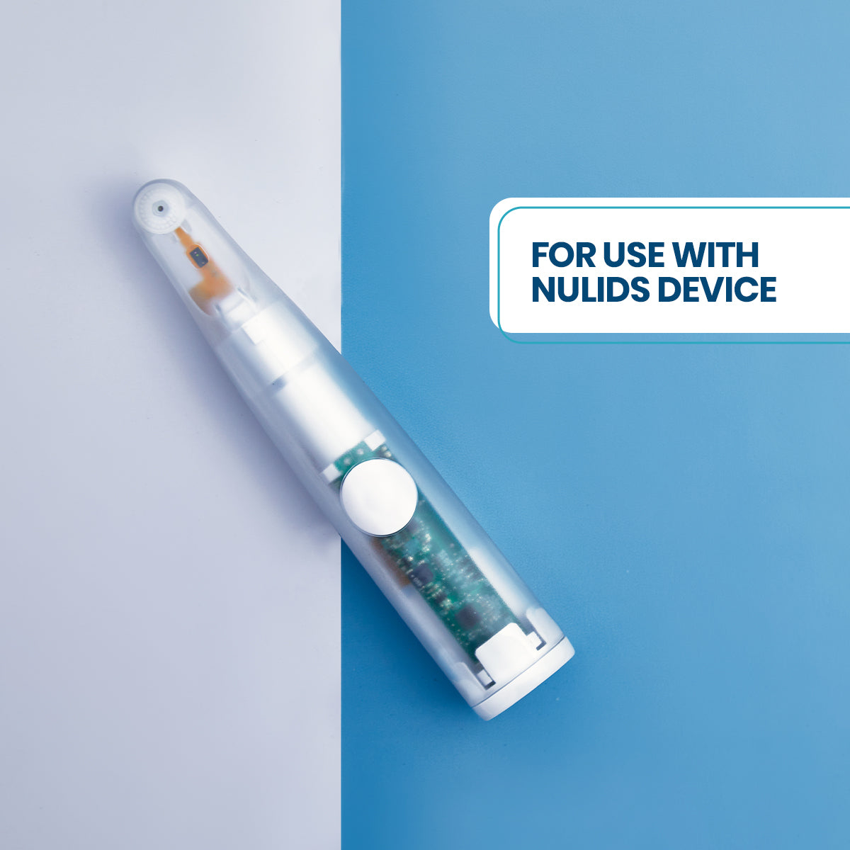 The Nulids Revitalize Eyelid Applicator Gel by NuSight Medical, showcased with a split blue and white background, complements your routine with an anti-inflammatory effect, designed to work seamlessly with the NuLids device.