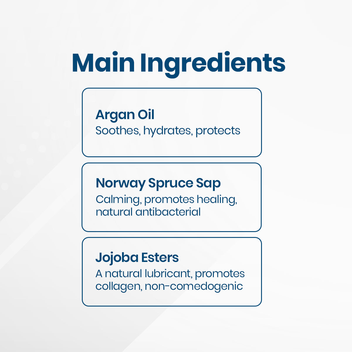 The Main Ingredients graphic for Nulids Revitalize Eyelid Applicator Gel by NuSight Medical features Argan Oil for soothing and protection, Norway Spruce Sap with natural antibacterial properties, and Jojoba Esters providing anti-inflammatory benefits.