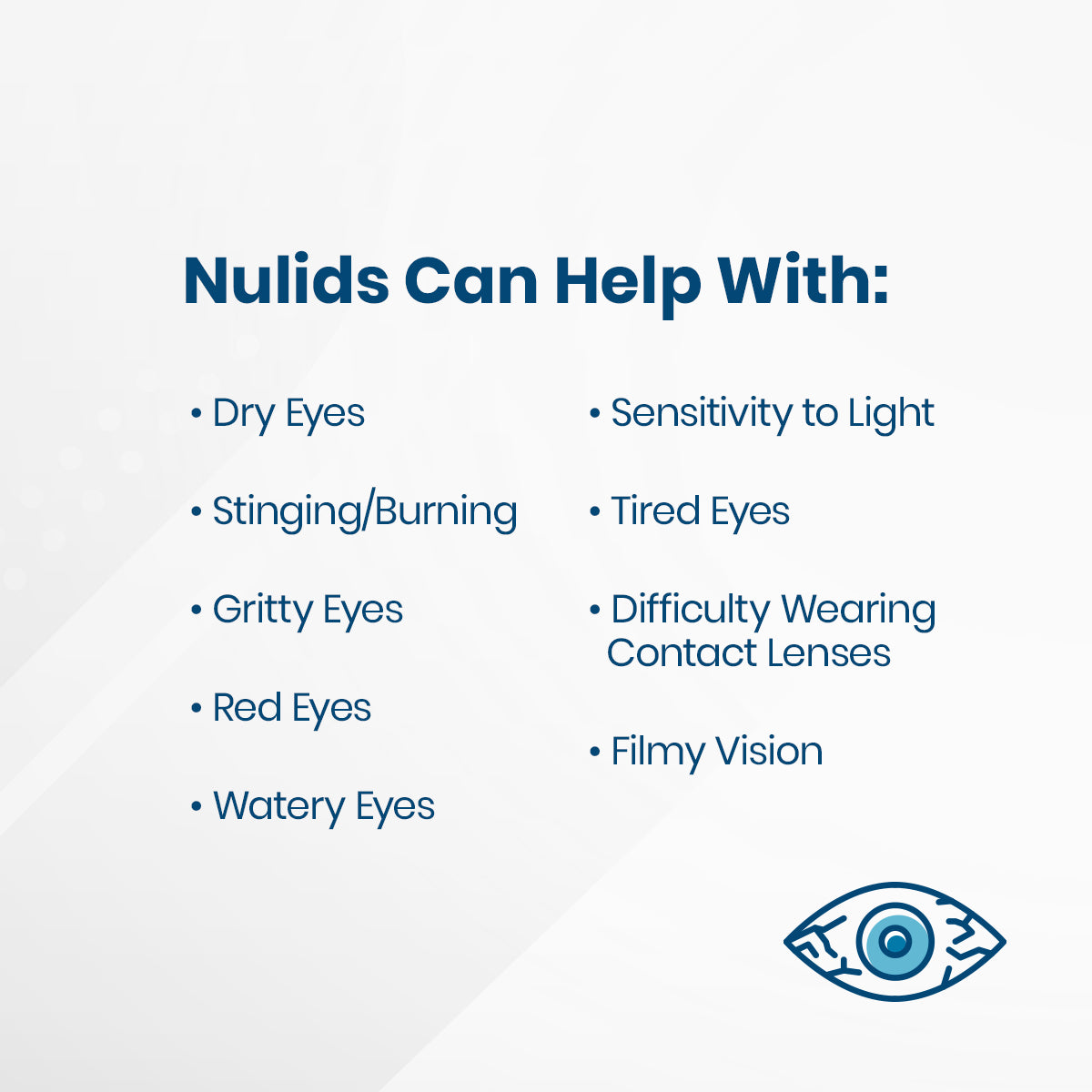The product Nulids Revitalize Eyelid Applicator Gel by NuSight Medical tackles dry eyes, stinging/burning, gritty eyes, light sensitivity, and tired eyes using natural ingredients. A blue eye icon is at the bottom of the packaging.