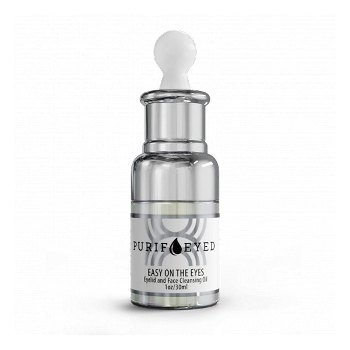 A transparent glass dropper bottle labeled Purifeyed holds the Eyelid and Face Cleaning and Hydrating Oil, featuring an all-natural formula. The 1 oz/30 ml bottle comes with a stylish white dropper cap.