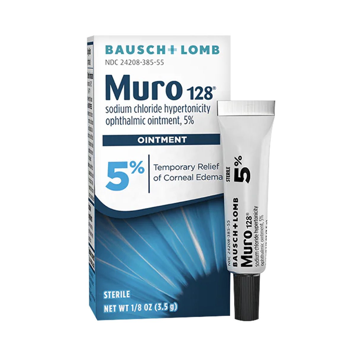 The image shows Bausch + Lombs Muro 128, a 1/8 fl oz (3.5g) tube of 5% sodium chloride ointment for temporary relief of corneal edema, positioned in front of its box to highlight its hypertonic formula for ocular comfort.