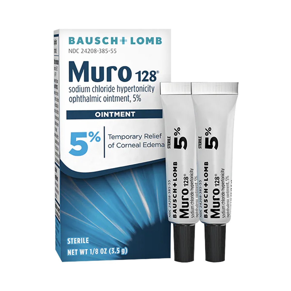 The image displays Bausch + Lomb Muro 128 Sodium Chloride Ointment Twin Pack, featuring two white tubes with black caps. This doctor-recommended 5% ointment offers temporary relief for corneal edema.