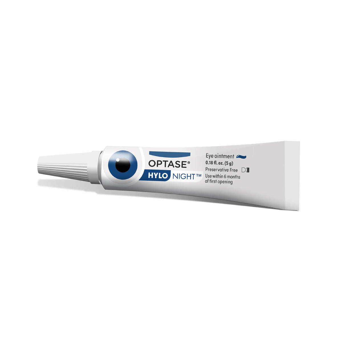 The white tube of Optase Hylo Night Ointment (5g), bearing a blue eye graphic, offers preservative-free overnight ocular lubrication for nighttime dry eye relief and should be used within six months after opening.