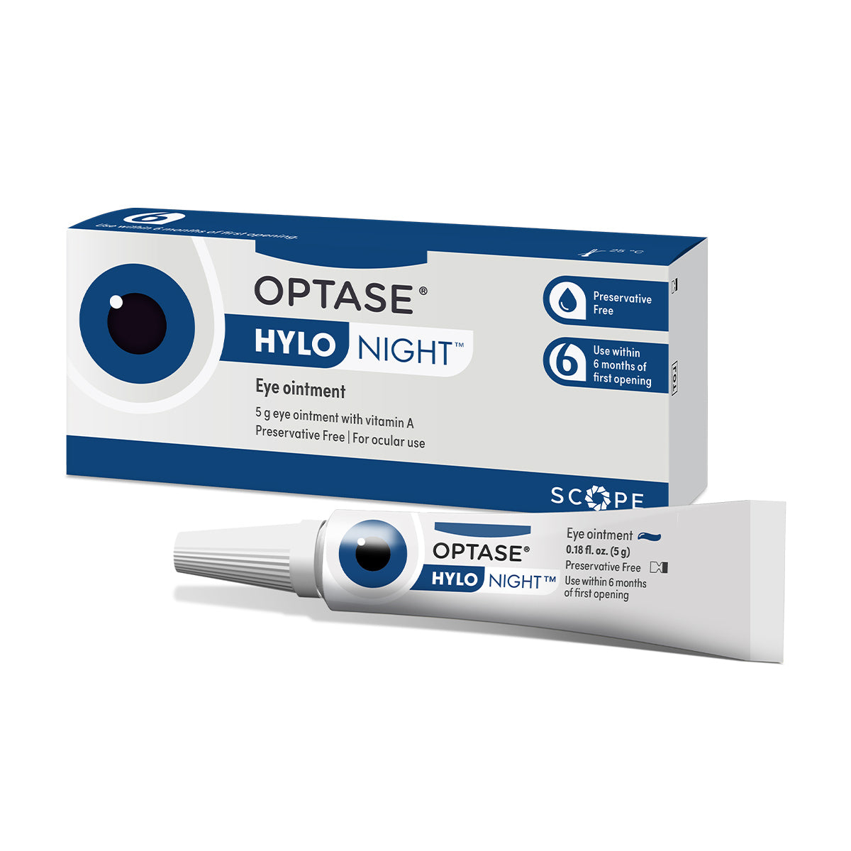 A box and tube of Optase Hylo Night Ointment are displayed, emphasizing its preservative-free formula with vitamin A for overnight ocular lubrication, providing night-time dry eye relief. Use within six months of opening.