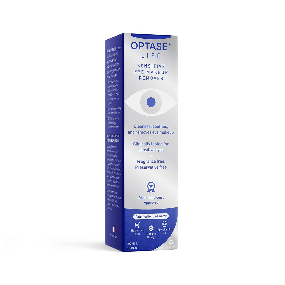 The Optase Life Sensitive Eye Makeup Remover Preservative Free, HA and Manuka (100mL) is gentle for sensitive eyes. Its white and blue packaging highlights its fragrance-free and ophthalmologist-approved qualities, with a single eye graphic on the box, perfect for waterproof mascara removal.