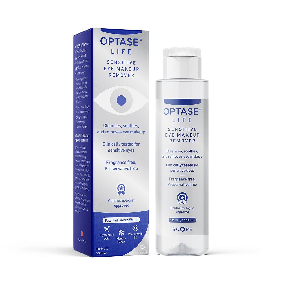 The Optase Life Sensitive Eye Makeup Remover Preservative Free, HA and Manuka (100mL) features fragrance free and ophthalmologist approved on the bottle and packaging. Ideal for removing waterproof mascara, this gentle formula is available in a 100mL (3.38 FL. oz) size.