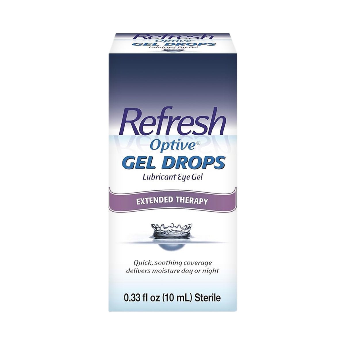 A box of Refresh Optive® Gel Drops – Lubricant Eye Gel from Abbvie provides 0.33 fl oz (10 mL) of relief for dry eye symptoms during extended therapy. The white packaging with purple accents displays a droplet image and product details on the front.