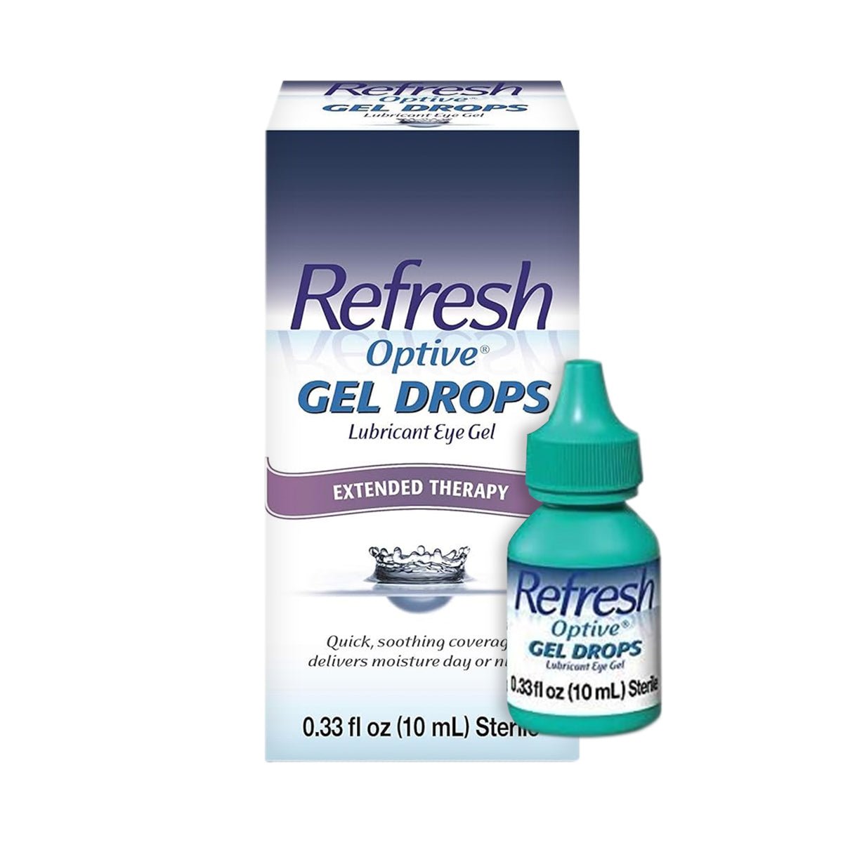 The Refresh Optive® Gel Drops by Abbvie, featuring a soothing teal bottle, provide extended therapy for dry eyes. The predominantly white and blue packaging is labeled as lubricant eye gel and promises quick relief from symptoms.