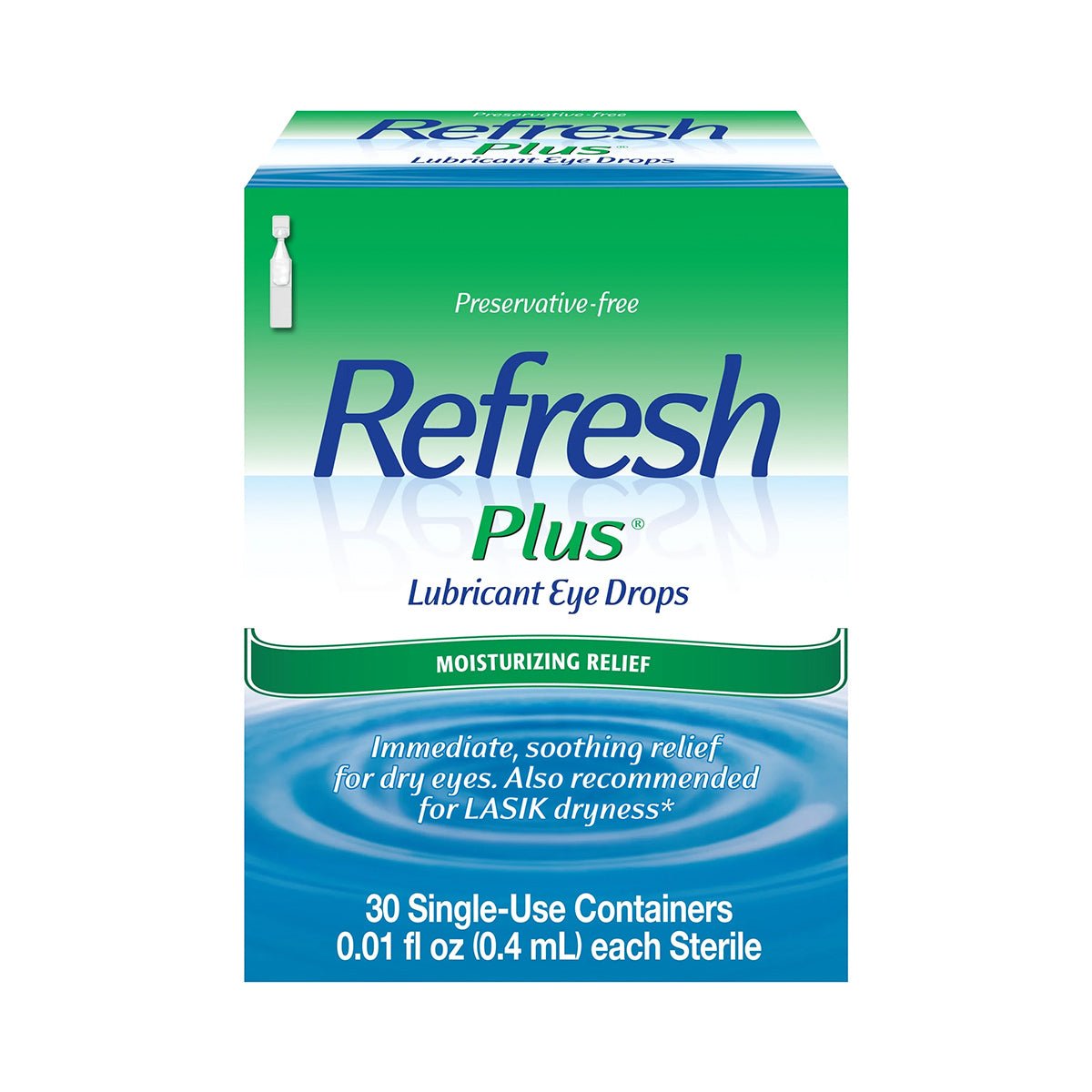 A box of Abbvies Refresh Plus Lubricant Preservative Free Eye Drops features green and blue packaging with Moisturizing Relief on it. It includes 30 single-use vials, each containing 0.01 fl oz, offering soothing relief for dry eyes.