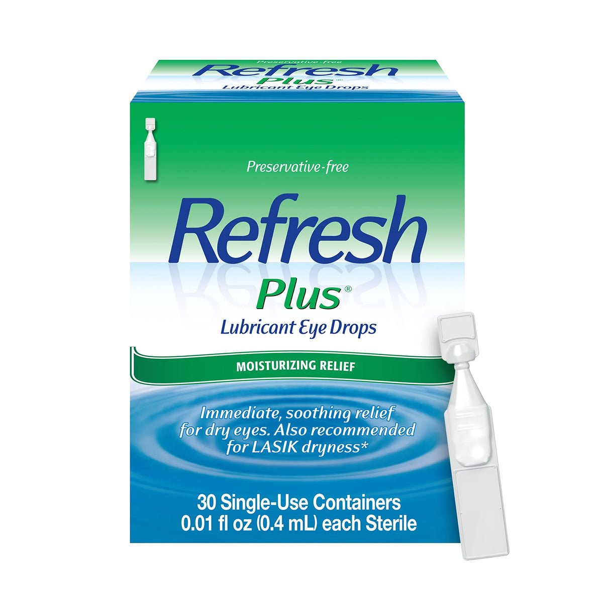 The image shows a green and blue box of Abbvies Refresh Plus Lubricant Preservative Free Eye Drops. This product offers moisturizing relief for dry eyes and contains 30 single-use vials, each holding 0.01 fl oz.