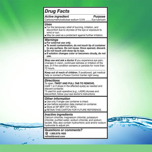 The image features a Drug Facts label for Refresh Plus Lubricant Preservative Free Eye Drops by Abbvie, containing 0.5% Carboxymethylcellulose sodium as a lubricant for dry eyes. It details uses, warnings, directions, and contact info on a gradient green-blue background.
