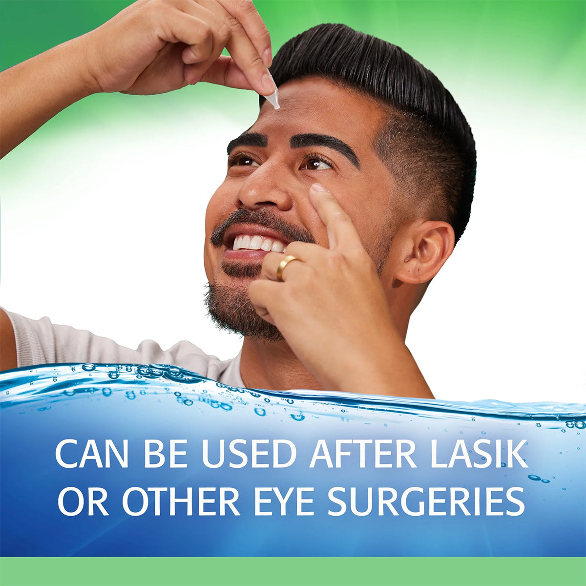A person smiles while applying Abbvies Refresh Plus Lubricant Preservative Free Eye Drops, using one hand to hold the bottle and the other to keep an eye open. The green and white backdrop says CAN BE USED AFTER LASIK OR OTHER EYE SURGERIES. Ideal for relieving dry eyes.