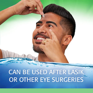 A person smiles while applying Abbvies Refresh Plus Lubricant Preservative Free Eye Drops, using one hand to hold the bottle and the other to keep an eye open. The green and white backdrop says CAN BE USED AFTER LASIK OR OTHER EYE SURGERIES. Ideal for relieving dry eyes.