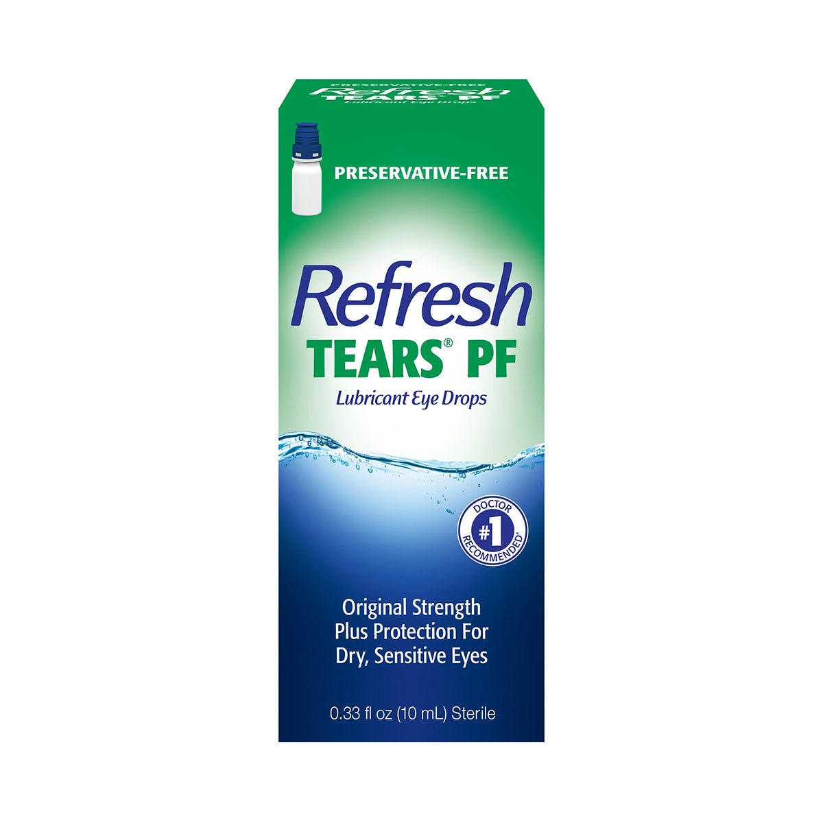 The packaging for Abbvies Refresh Tears PF Preservative-Free Eye Drops (10mL) features a Preservative-Free Artificial Tears formula, a #1 Doctor Recommended seal, and promises Original Strength Plus Protection for Dry, Sensitive Eyes in a convenient multidose bottle with fast-acting relief.