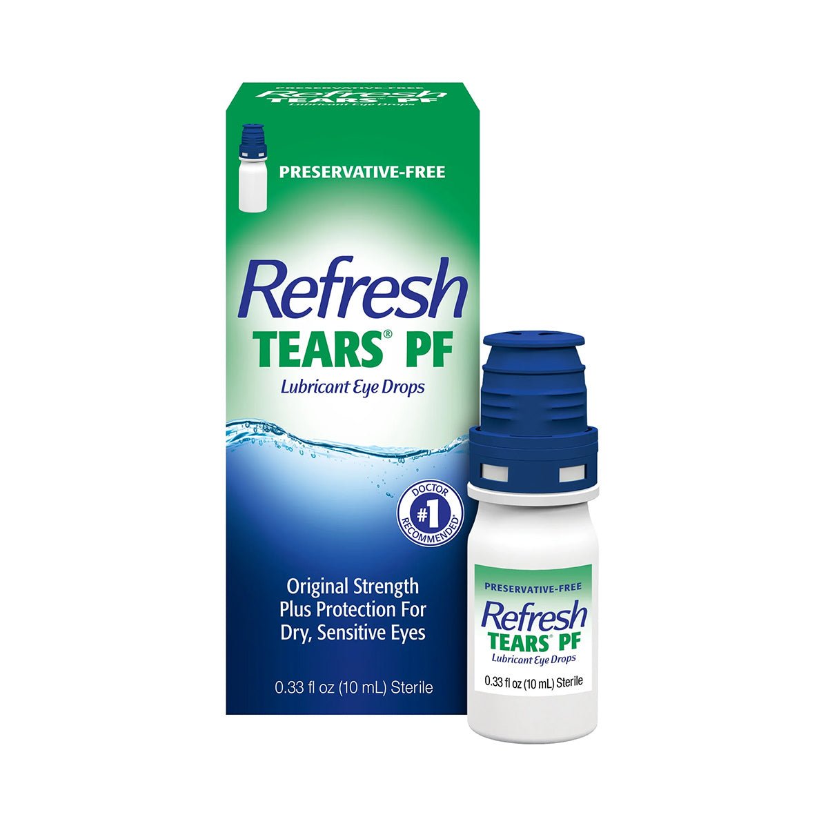 The image features a 10mL multidose bottle and box of Refresh Tears PF Preservative Free Eye Drops by Abbvie. The green and blue packaging promises fast-acting, original strength moisturizing relief and protection for dry, sensitive eyes.