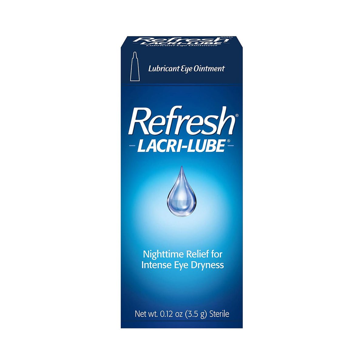 Abbvies Refresh Lacri-Lube Lubricant Eye Ointment for nighttime dryness comes in a navy blue box with a water droplet image, offering Nighttime Protection for Intense Eye Dryness. It contains 3.5g of sterile ointment to effectively relieve dry eyes.