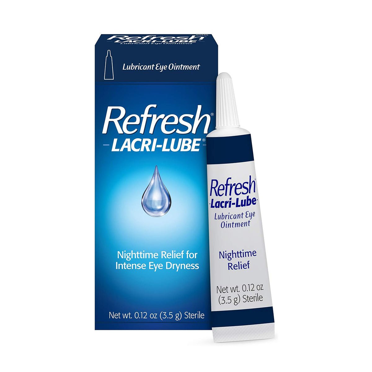 Refresh Lacri-Lube by Abbvie, in a blue box with white tube, provides nighttime relief for intense eye dryness. The packaging shows a water drop symbol and Nighttime Relief for Intense Eye Dryness. Sterile, 0.12 oz (3.5 g) ensures dry eye relief is always available.