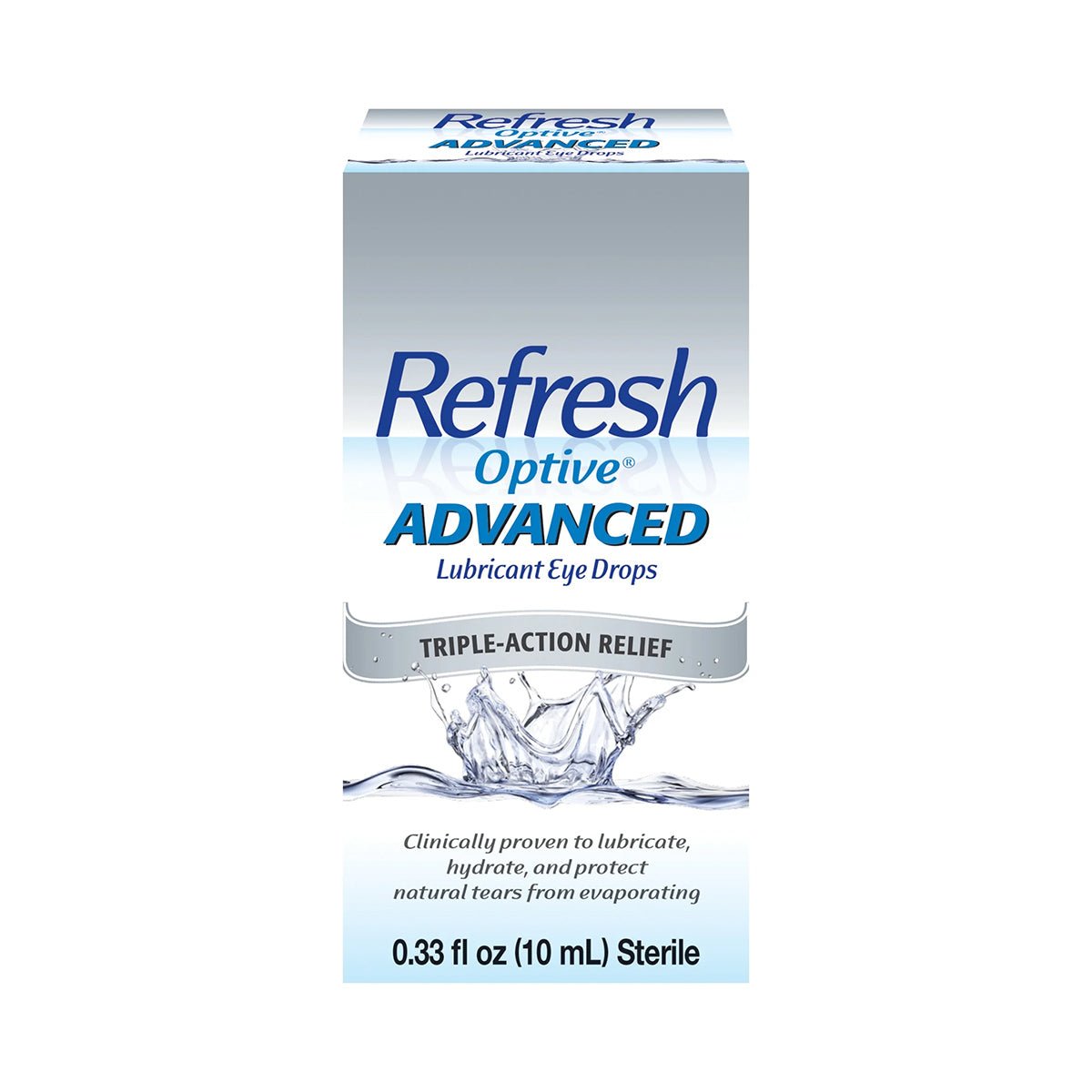 The Abbvie Refresh Optive Advanced Eye Drops (10 mL Bottle) package features Triple-Action Relief with a water splash image, clinically proven HydroCell™ Technology to lubricate, hydrate, and protect eyes. It contains 0.33 fl oz (10 ml), sterile.