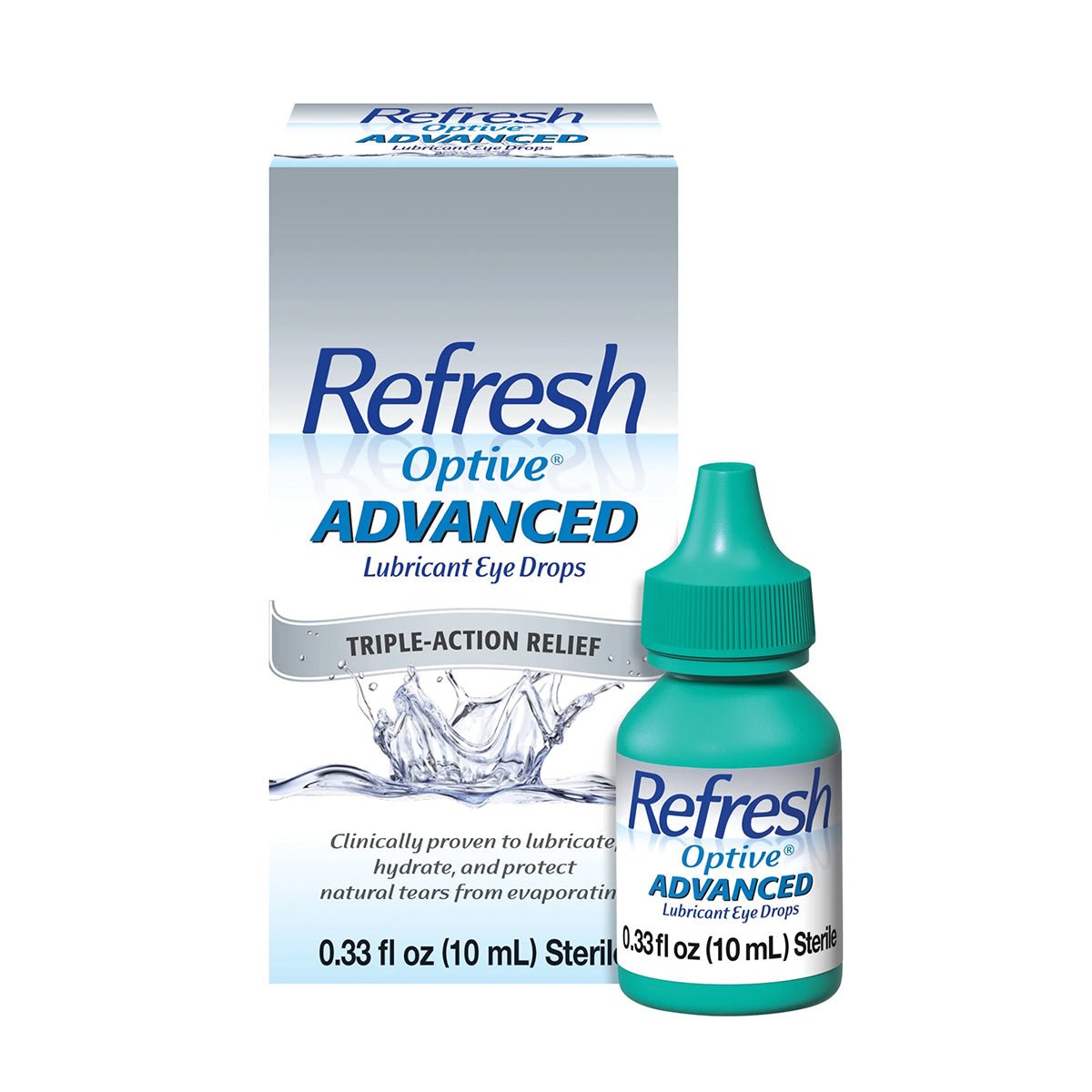 A box and 10 mL bottle of Abbvie’s Refresh Optive Advanced Eye Drops with HydroCell™ Technology promote Triple-Action Relief and are clinically proven to lubricate, hydrate, and protect eyes.