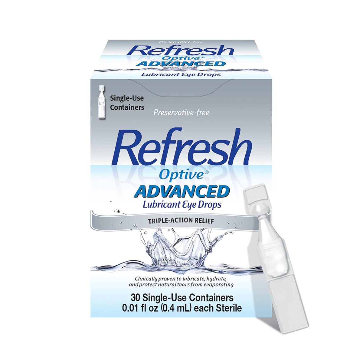 Image of Abbvies Refresh Optive® Advanced Preservative-Free Lubricant Eye Drops packaging, predominantly white and blue, emphasizing Preservative-Free and offering triple-action relief. Contains 30 single-use vials, each with 0.01 fl oz.