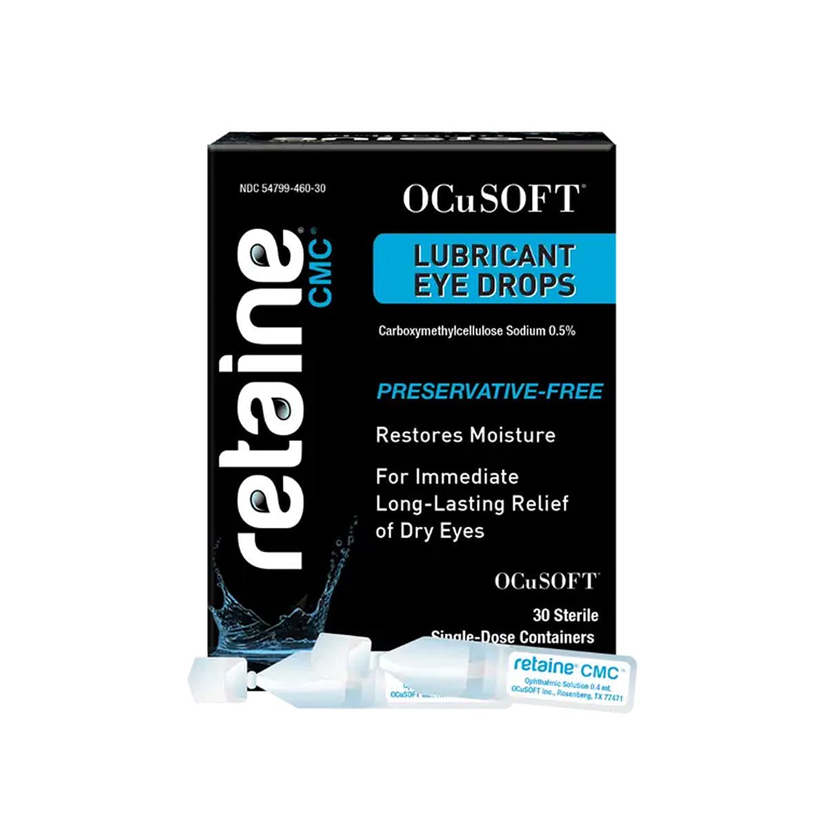 A pack of OCuSOFT Retaine CMC Eye Drops includes 30 preservative-free, single-use vials. It offers hydrating relief for dry eyes with sodium carboxymethylcellulose and promises immediate, long-lasting comfort.