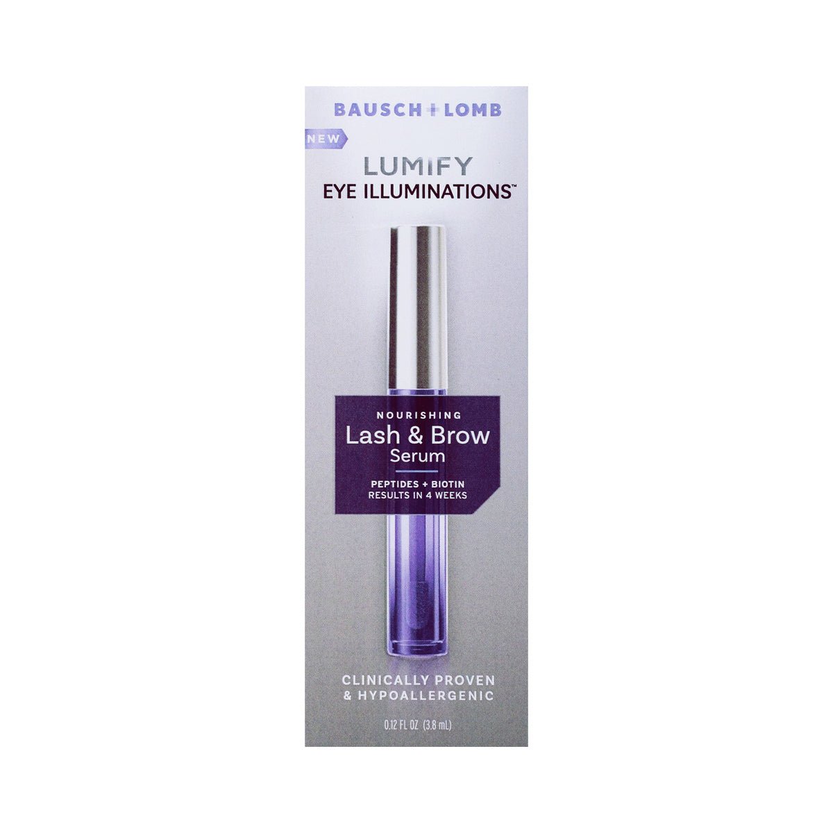 The Bausch + Lomb LUMIFY Eye Illumination Nourishing Lash & Brow Serum comes in a purple and white box, highlighting its peptide formula. Its clinically proven to enhance lashes and brows in 4 weeks, hypoallergenic and effective.