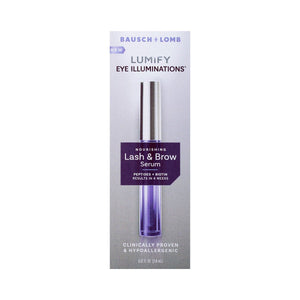 The Bausch + Lomb LUMIFY Eye Illumination Nourishing Lash & Brow Serum comes in a purple and white box, highlighting its peptide formula. Its clinically proven to enhance lashes and brows in 4 weeks, hypoallergenic and effective.