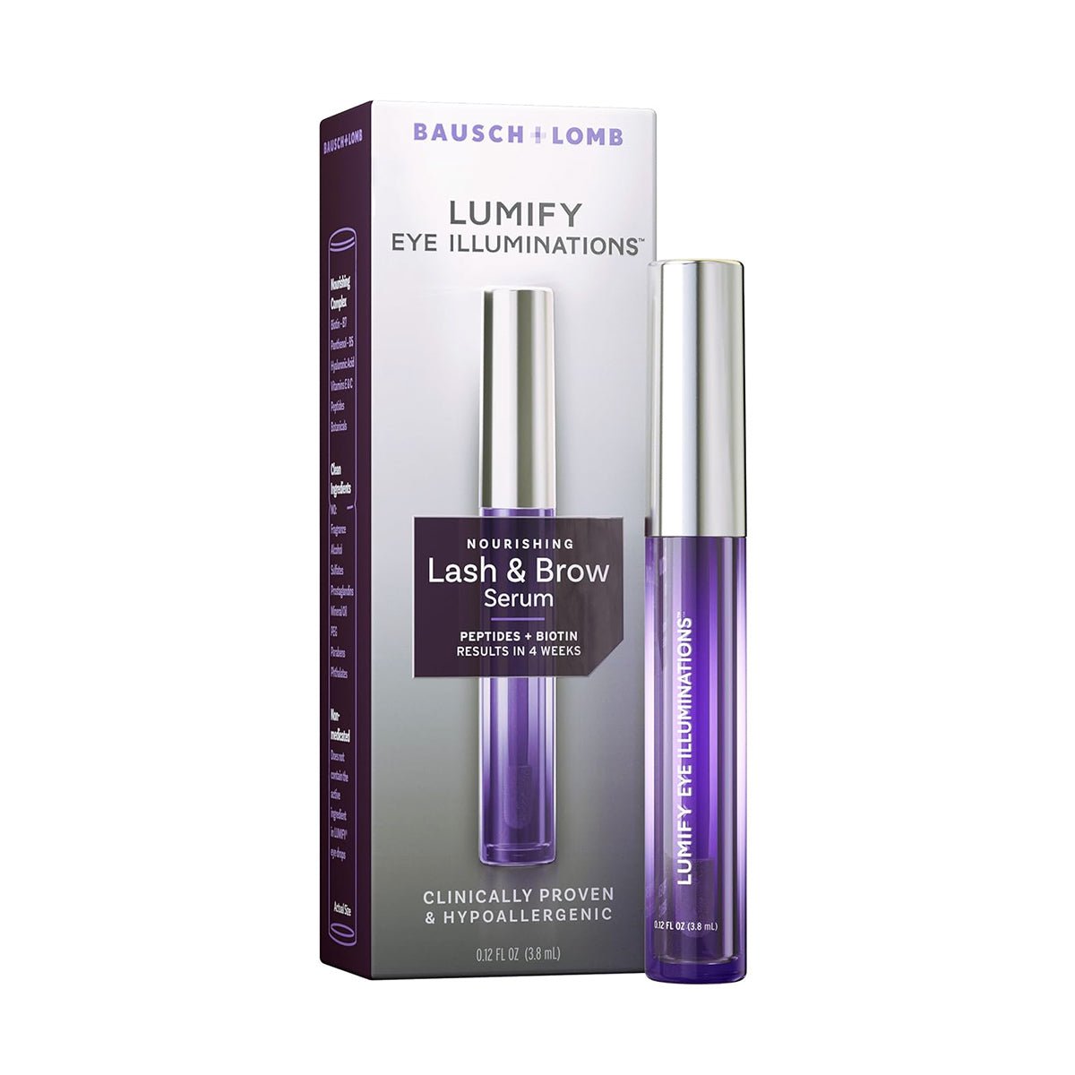 The Bausch + Lomb LUMIFY Eye Illumination Nourishing Lash & Brow Serum packaging highlights peptides, biotin, and clinically proven results in 4 weeks. The hypoallergenic formula ensures gentle care, promising fuller lashes and brows with a clear vial showcasing the serums benefits.