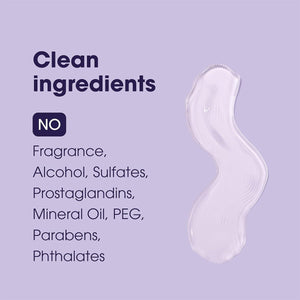 The image showcases Clean ingredients text, promoting LUMIFY Eye Illumination Nourishing Lash & Brow Serum by Bausch + Lomb with No Fragrance, Alcohol, Sulfates, Prostaglandins, Mineral Oil, PEG, Parabens, Phthalates, promising fuller lashes and brows. A swirled clear substance is on the light purple background.