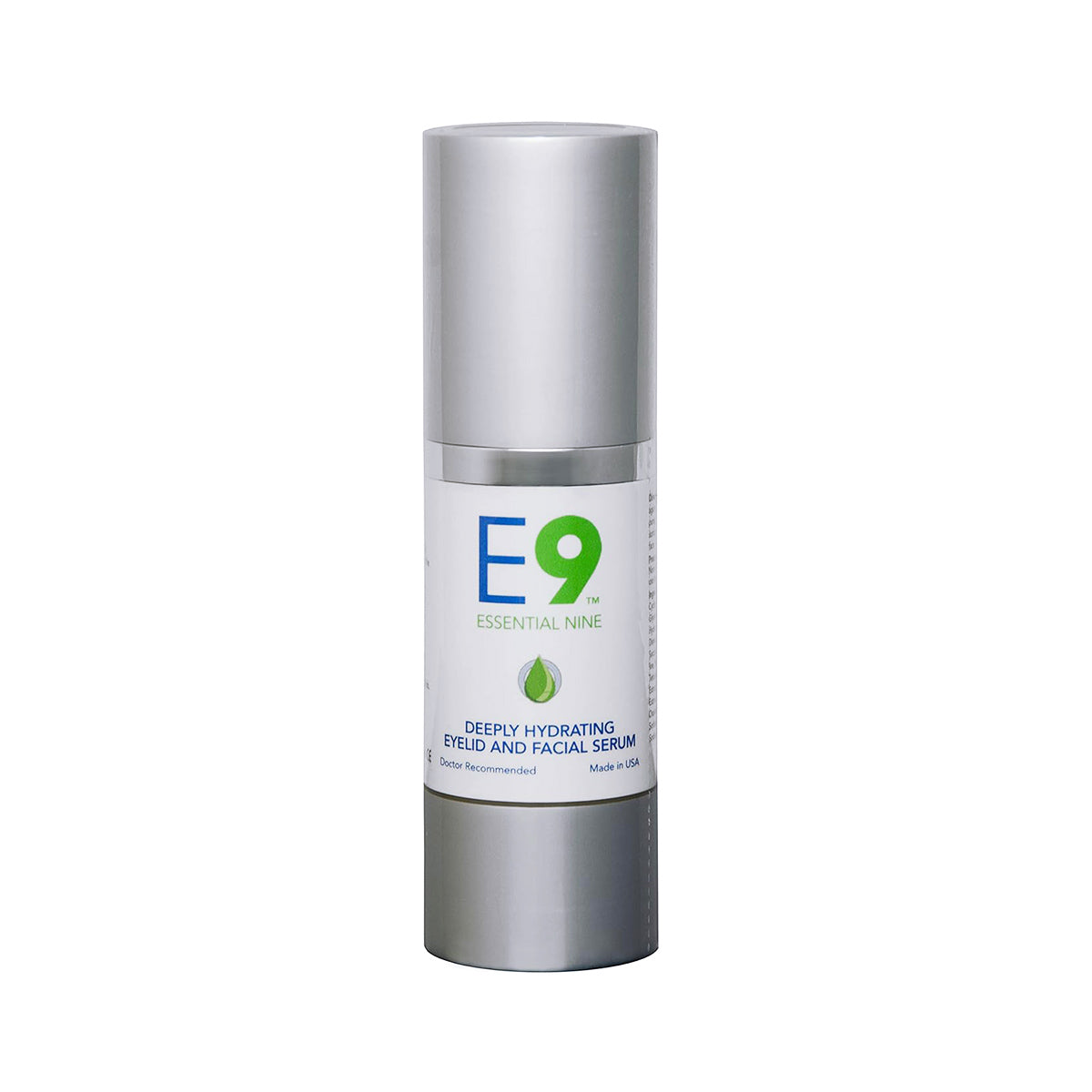 The USA-made PRN Essential Nine Eyelid & Skin Therapy serum, housed in a silver cylindrical bottle with a white label and green leaf icon, offers deep hydration and therapy for puffiness, wrinkles, and dark circles.