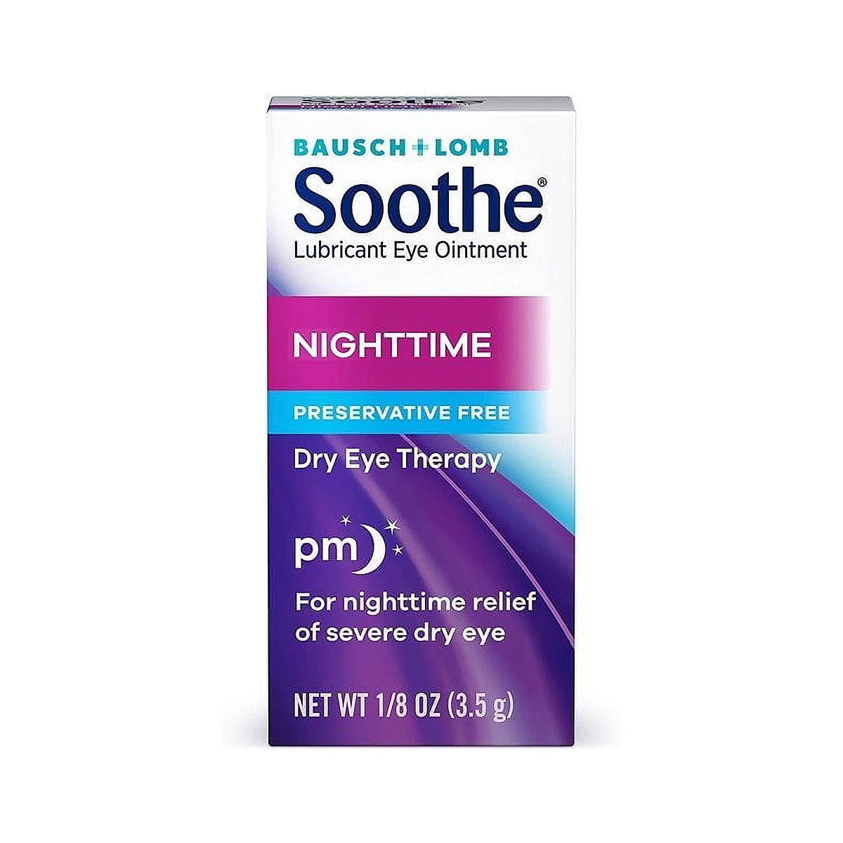 Soothe Eye Ointment by Bausch + Lomb is a nighttime, preservative-free therapy for severe dry eyes. Available in a 1/8 oz (3.5 g) tube, it features a soothing purple gradient package design.