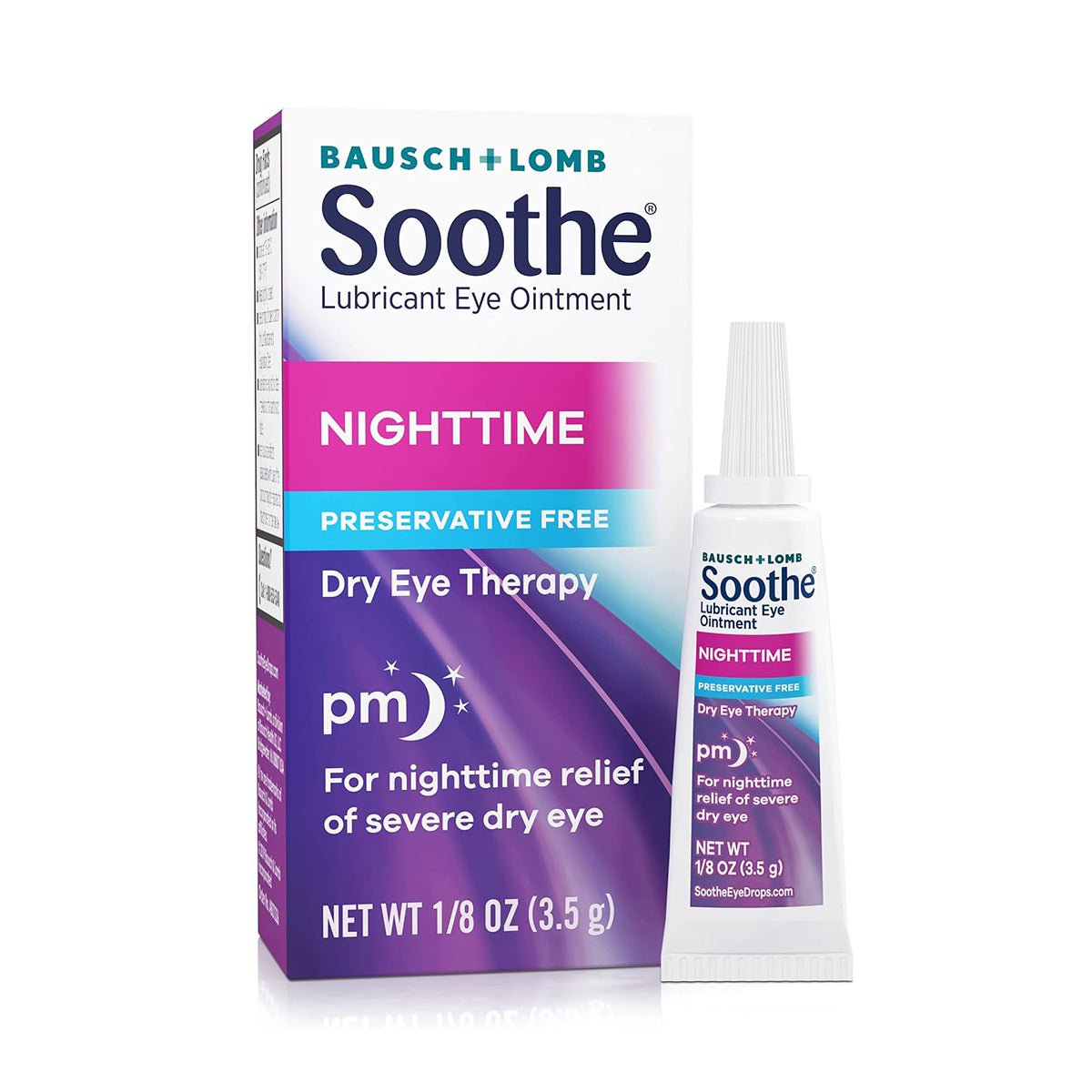 The image shows a box and tube of Bausch + Lomb Soothe Eye Ointment, a nighttime preservative-free product for severe dry eye relief, in sleek purple and white packaging.