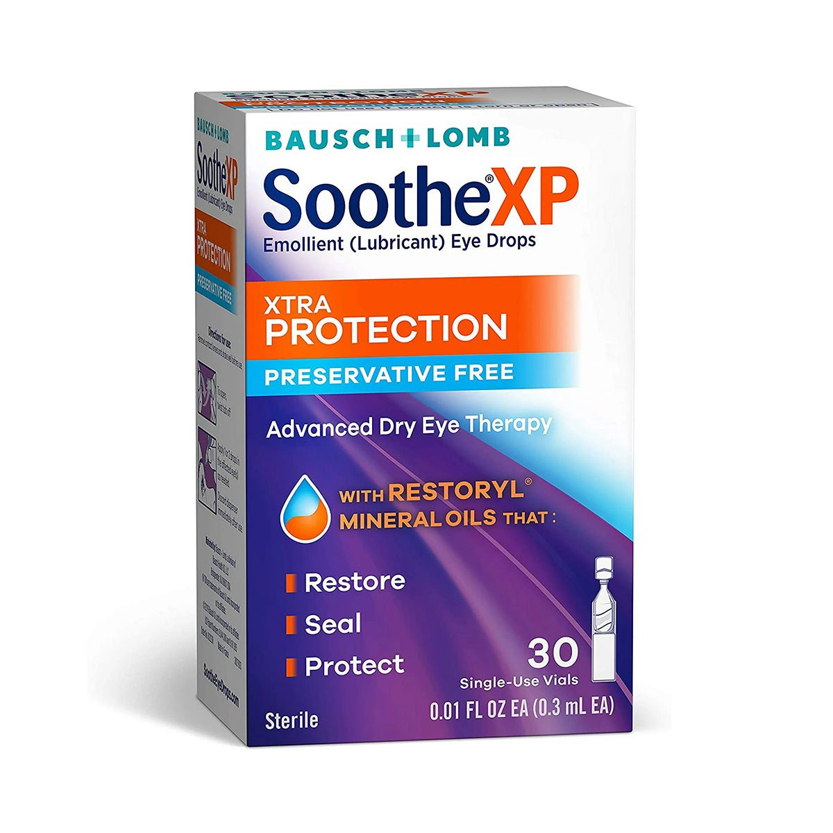 The Bausch & Lomb Soothe XP Lubricant Eye Drops, Xtra Protection Formula, features emollient lubricants for advanced dry eye relief. Enhanced with Restoryl mineral oils for restoration and protection, this preservative-free product includes 30 convenient single-use vials.