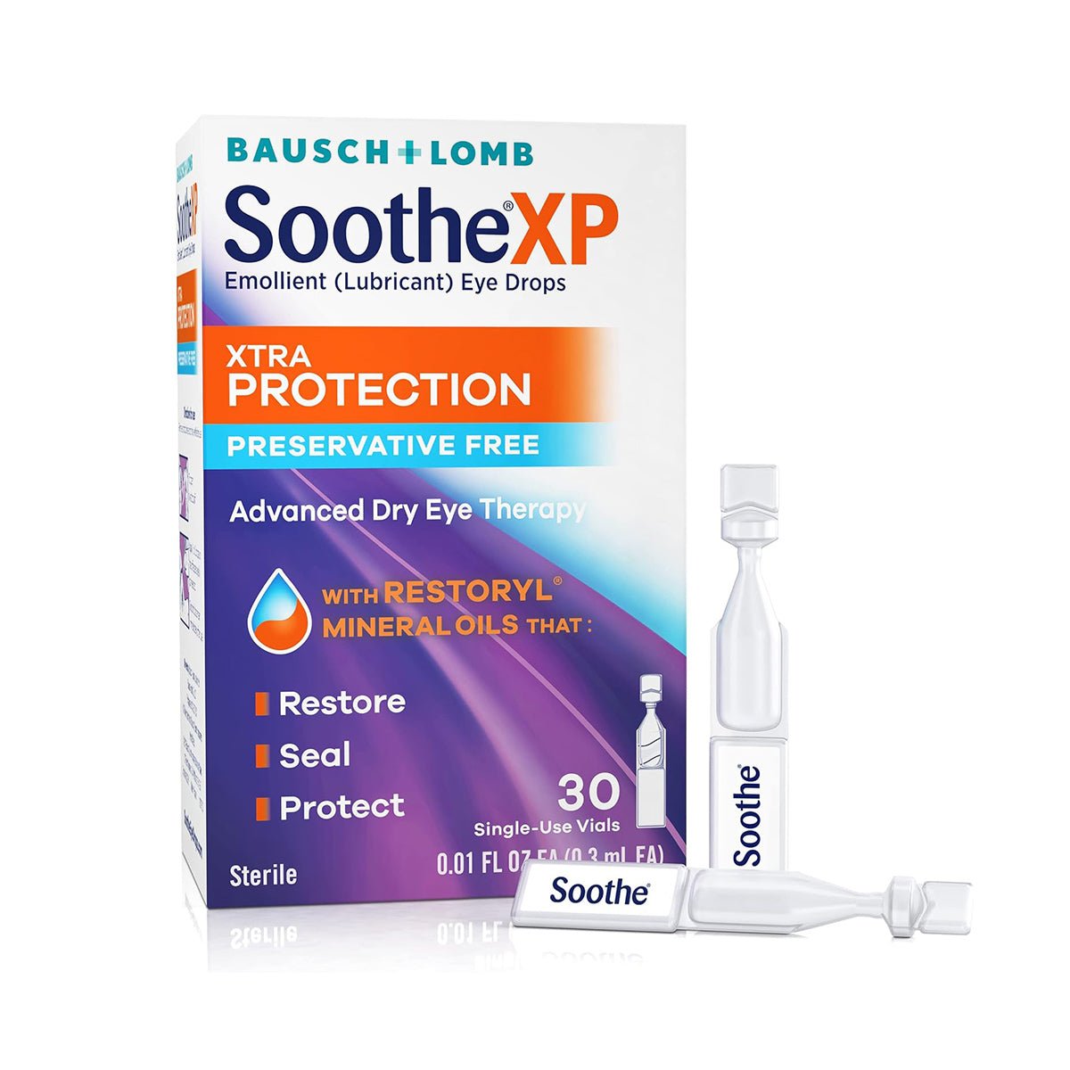 The Bausch + Lomb Soothe XP Lubricant Eye Drops, Xtra Protection Formula (30 Vials), offers Advanced Dry Eye Therapy with Restoryl mineral oils, highlighting its Preservative Free quality to restore, seal, and protect against dry eye.