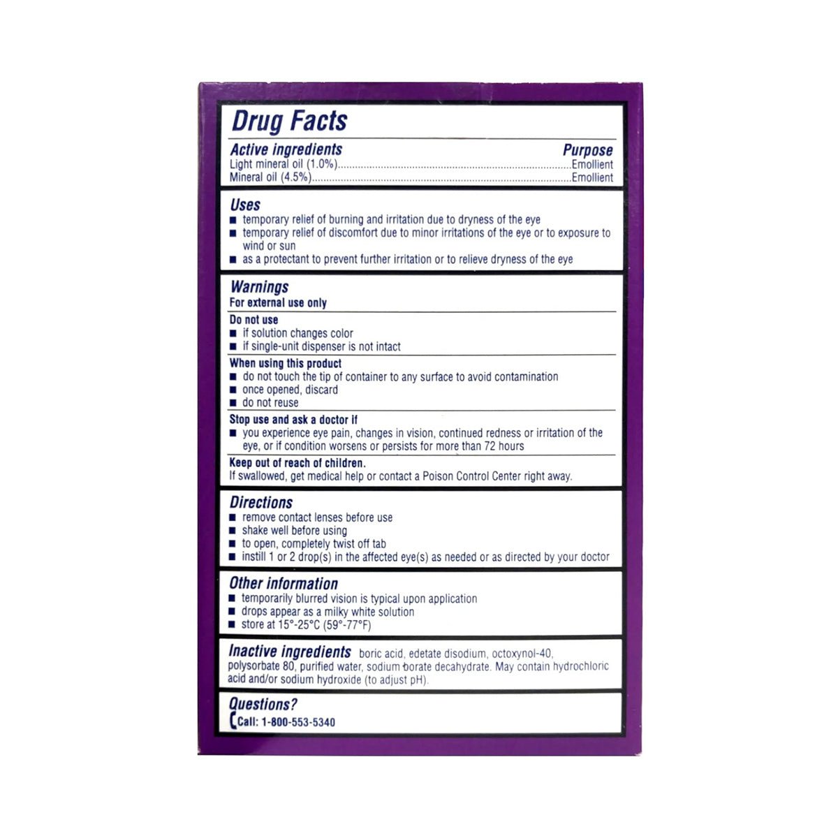 The image showcases a purple box labeled with drug facts for Bausch & Lomb Soothe XP Lubricant Eye Drops. It highlights light mineral oil and mineral oil, providing uses, warnings, directions, other details to soothe dry eye discomfort, plus a customer service number for inquiries.