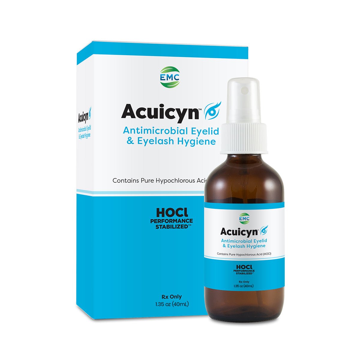 The EMC Acuicyn Antimicrobial Eyelid & Eyelash Hygiene spray, a hypochlorous solution, is essential for eyelid hygiene and blepharitis management, featured before its white and blue box marked HOCL PERFORMANCE STABILIZED.