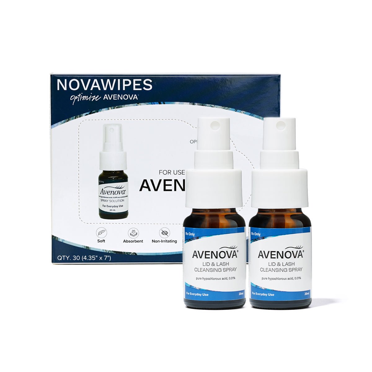 Two small bottles labeled Avenova Hypochlorous Spray Solution are in front of a branded box. The blue and white box displays the bottle image with text NOVAWIPES and Avenova, highlighting a professional-strength eyelid cleanser from NovaBay.