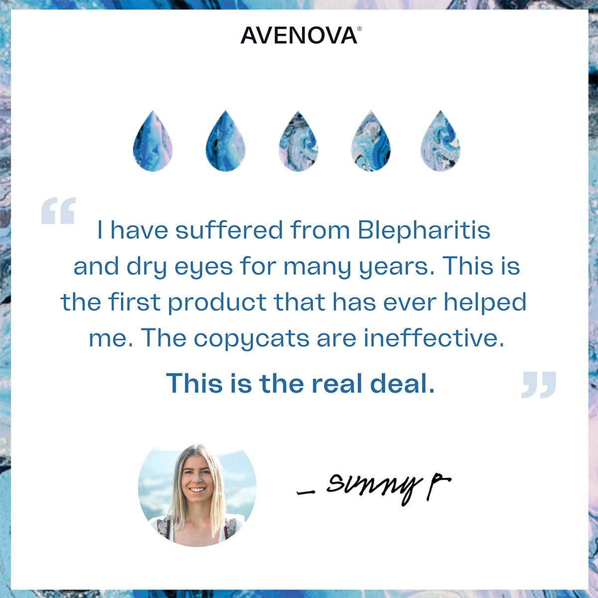 A testimonial by Sunny P. celebrates eye comfort and relief from blepharitis and dry eyes using NovaBays Avenova Hypochlorous Spray Solution (20ml or 40ml Bottles) 2-Pack with Novawipes, featuring waterdrop designs and a smiling photo.