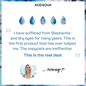 A testimonial by Sunny P. celebrates eye comfort and relief from blepharitis and dry eyes using NovaBays Avenova Hypochlorous Spray Solution (20ml or 40ml Bottles) 2-Pack with Novawipes, featuring waterdrop designs and a smiling photo.