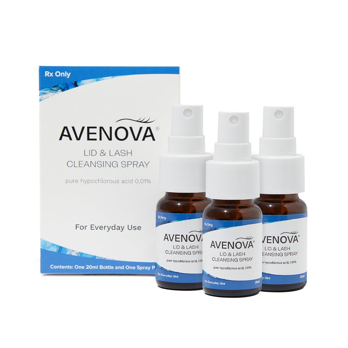 Three 20mL bottles of NovaBays Avenova OTC Antimicrobial Spray Solution, designed for everyday use with 0.01% hypochlorous acid and white spray tops, are positioned before a product box.