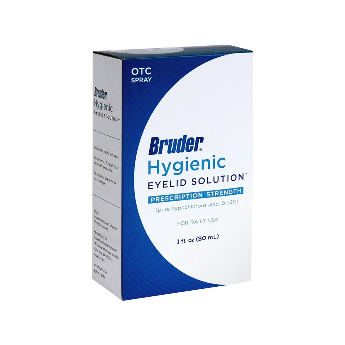 The Bruder Hypochlorous Hygienic Eyelid Solution (1oz), suitable for eyelid conditions, features a white and blue OTC spray packaging, with prescription strength pure hypochlorous acid at 0.02% concentration for daily use.