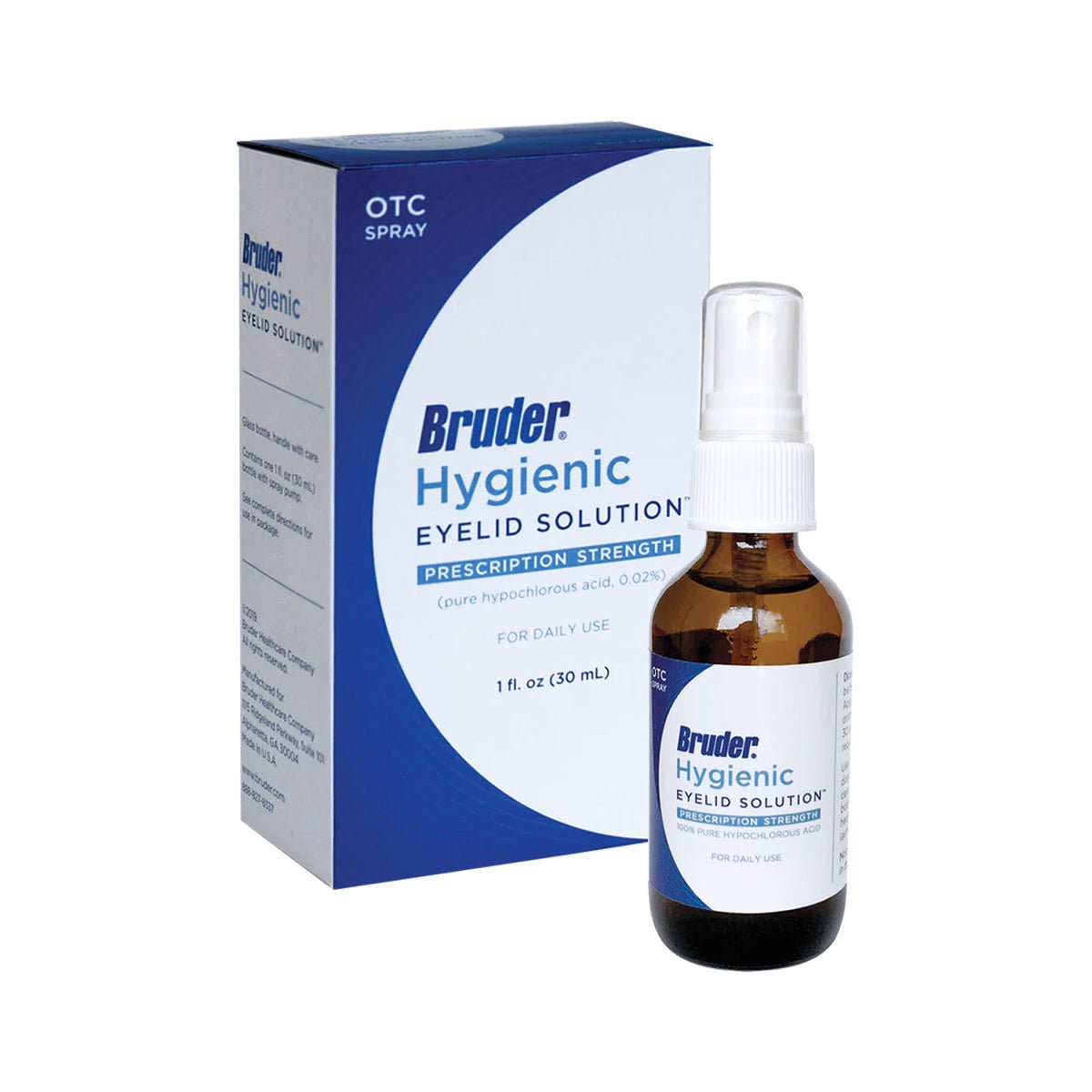 A brown glass bottle with a white spray nozzle labeled Bruder Hypochlorous Hygienic Eyelid Solution accompanies a blue and white box showing OTC Spray and Prescription Strength. It offers relief for eyelid conditions with hypochlorous acid in a 1 fl. oz. size.