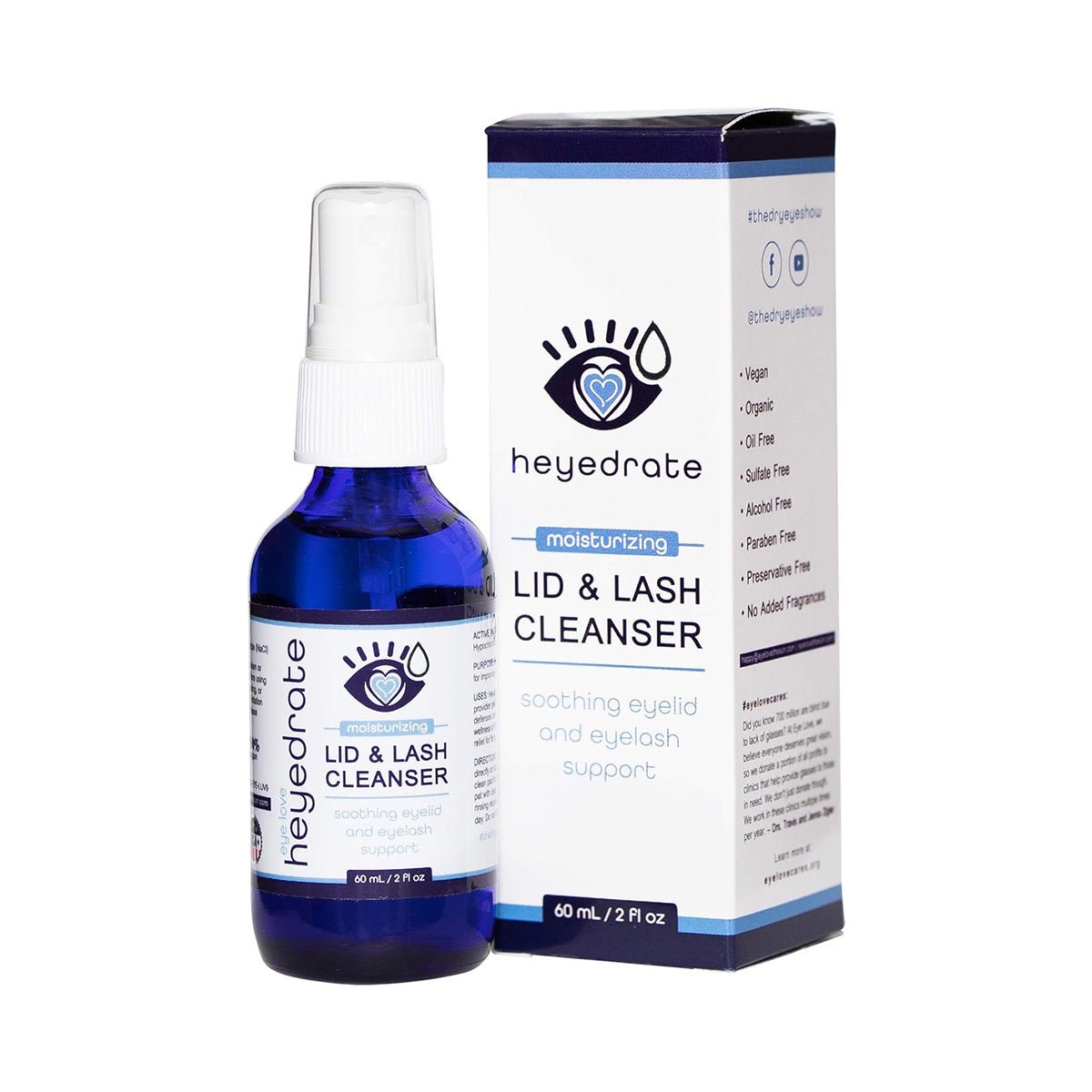 A Heyedrate Lid & Lash Cleanser 2oz bottle by PRN sits beside its white box with blue and gray accents, highlighting features like moisturizing, soothing eyelid support, and dry eye relief with hypochlorous acid.