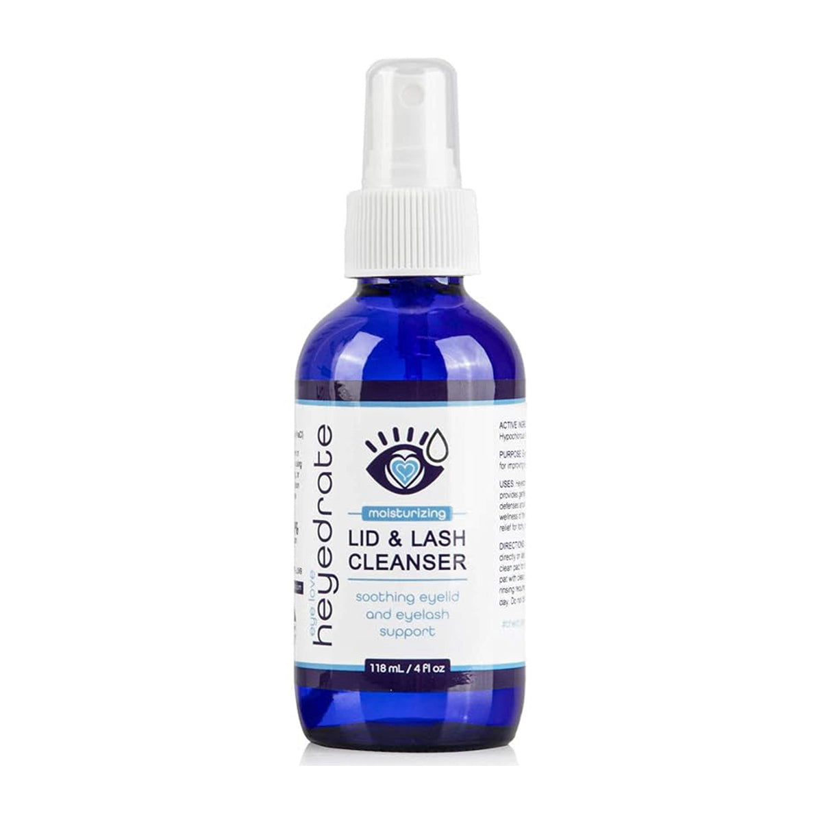 The 4 oz blue bottle of PRNs Heyedrate Lid & Lash Cleanser, featuring a convenient spray top, is designed for dry eye relief with Hypochlorous Acid. It highlights moisturizing benefits for soothing eyelids and eyelashes.