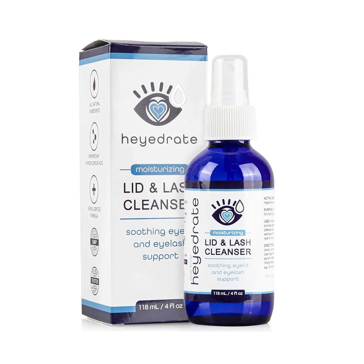 Image of a blue spray bottle labeled Heyedrate Lid & Lash Cleanser by PRN, featuring an eye and heart logo on the packaging. This 4 oz (118 ml) bottle offers a 4-month supply with a hypochlorous acid formula for dry eye relief, moisturizing benefits, soothing eyes, and eyelash support.