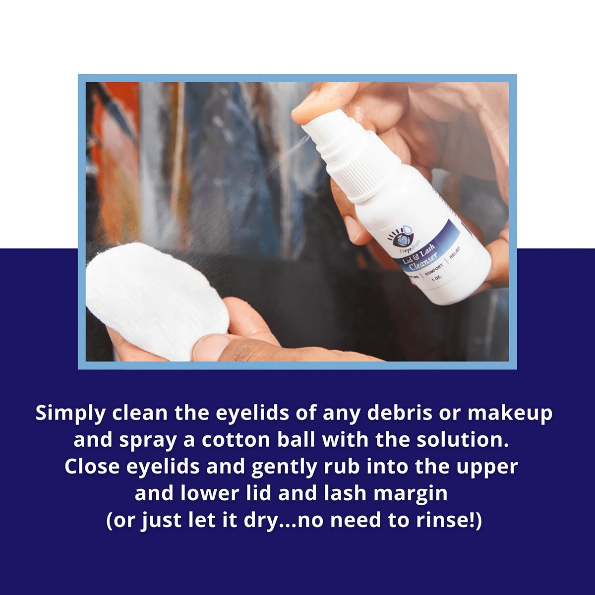 Hands hold a spray bottle and cotton pad. Instructions: For Dry Eye Relief, clean eyelids, spray a cotton ball with Heyedrate Lid & Lash Cleanser by PRN, and gently rub or let it dry—Hypochlorous Acid ensures no rinse needed!.